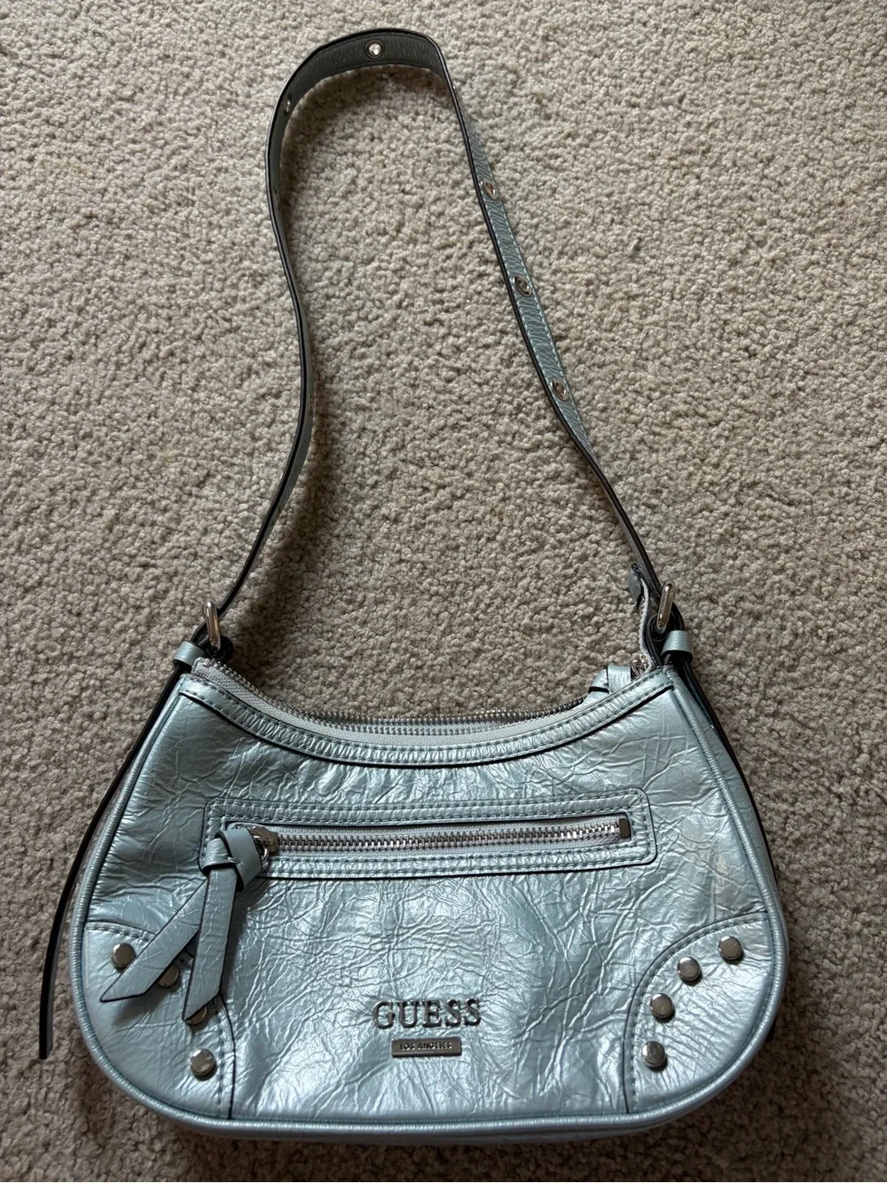 GUESS Metallic Light Silver Shoulder Bag with Stud Accents